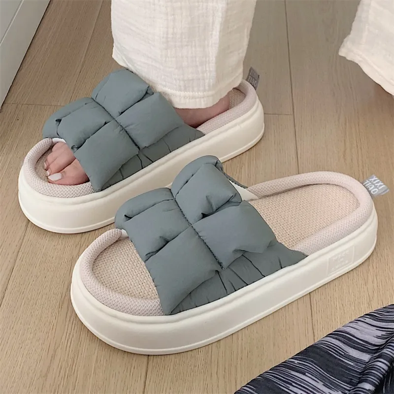 Thin Strips Linen Slippers Unisex, Milk White-12