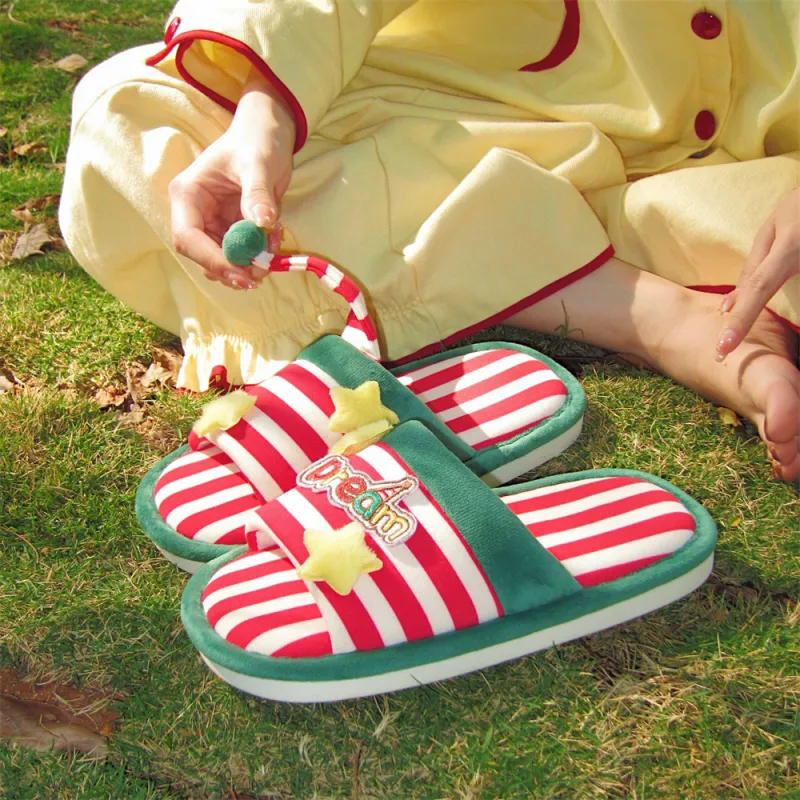 Thin Strips Home Slippers Unisex, Green Red-5