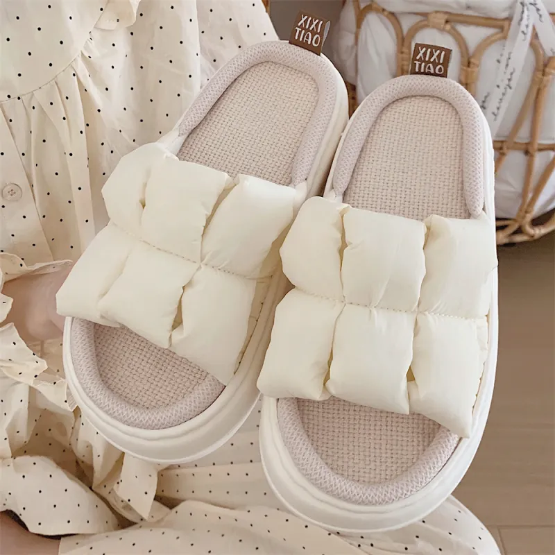 Thin Strips Linen Slippers Unisex, Milk White-1