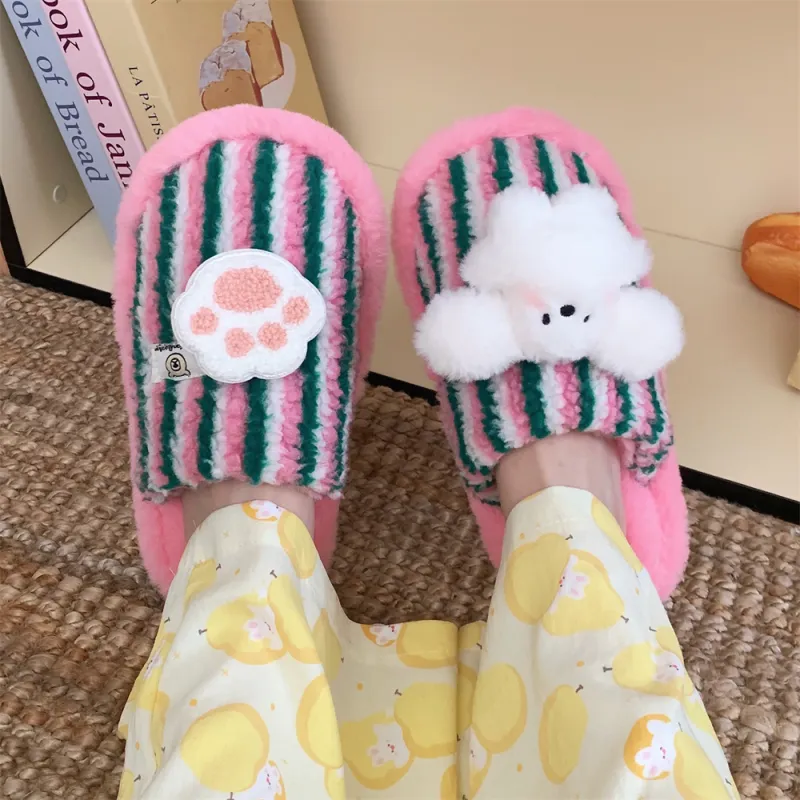 Thin Strips Cotton Slippers Unisex, Pink-4