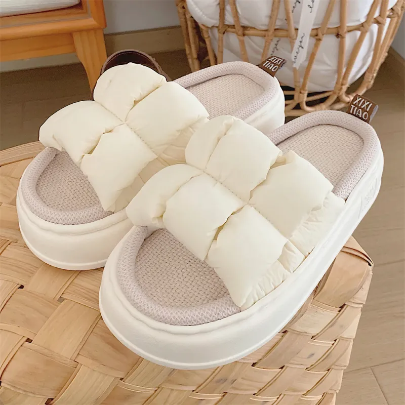 Thin Strips Linen Slippers Unisex, Milk White-4