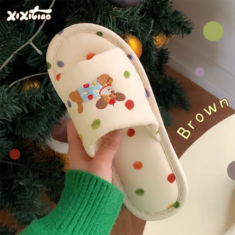 Thin Strips Cotton Linen Blend Slippers Women's, Cream Apricot-4