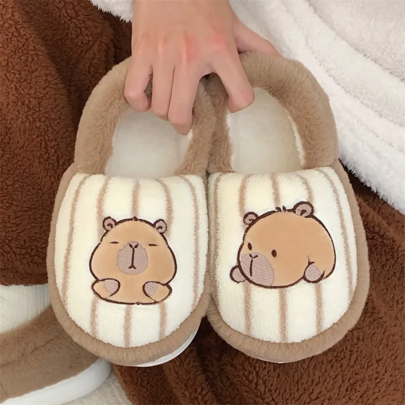 Thin Strips Cotton Slippers Unisex, Light Brown-3