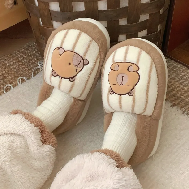 Thin Strips Cotton Slippers Unisex, Light Brown-2