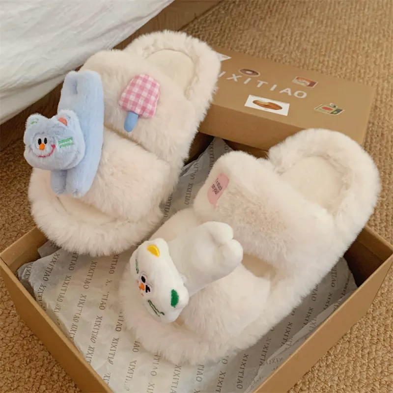 Thin Strips Cotton Slippers Women's, White-2