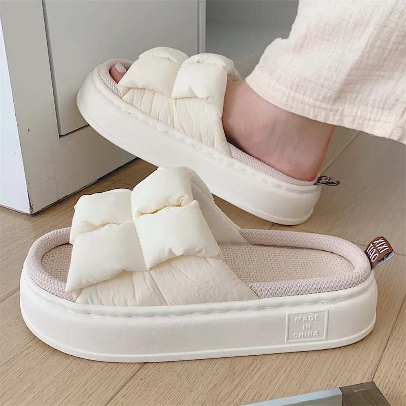 Thin Strips Linen Slippers Unisex, Milk White-2