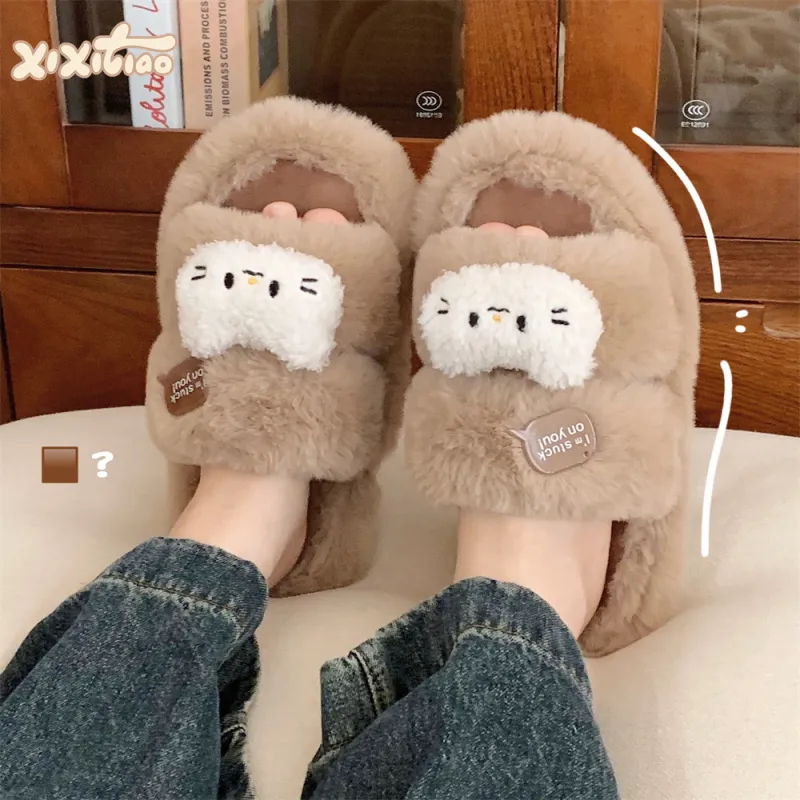 Thin Strips Cotton Slippers Women's, Brown-2