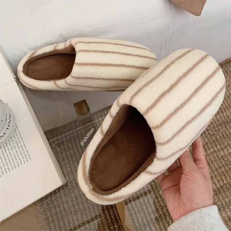 Thin Strips Cotton Slippers Brown-3