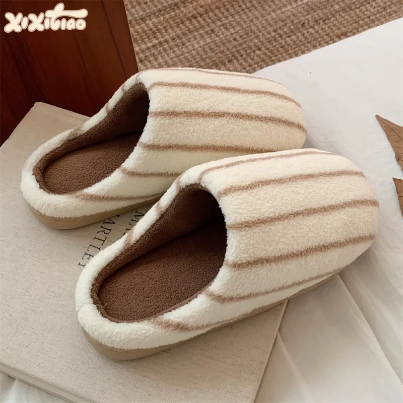 Thin Strips Cotton Slippers Brown-1