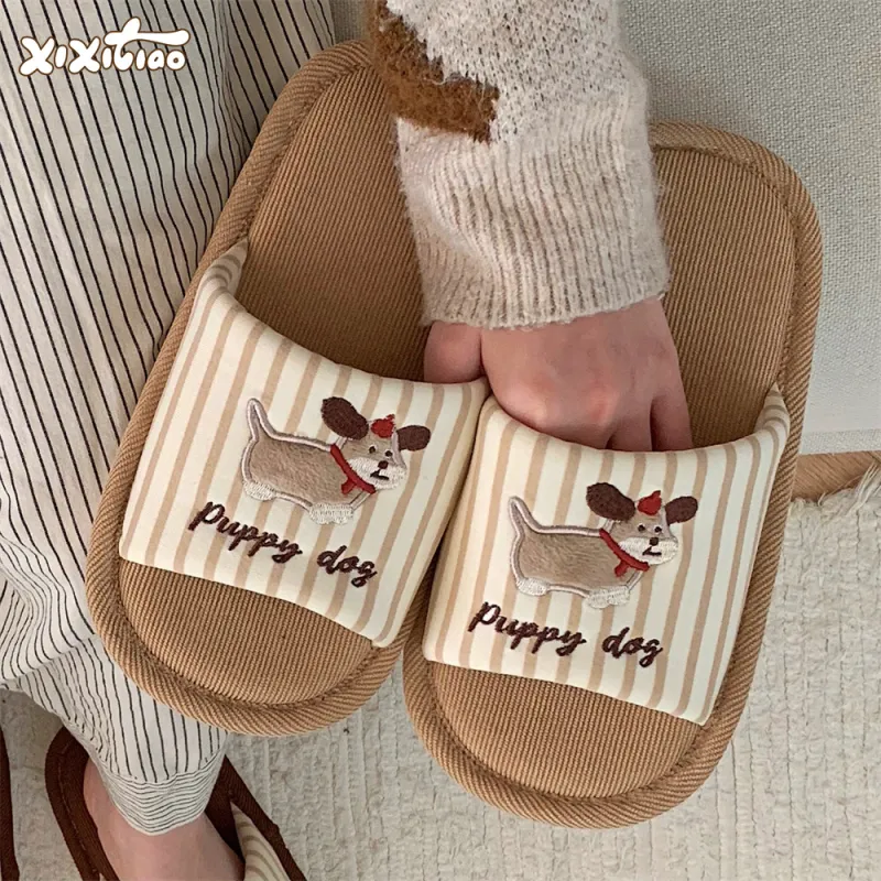 Thin Strips Cotton Linen Blend Slippers Khaki-1