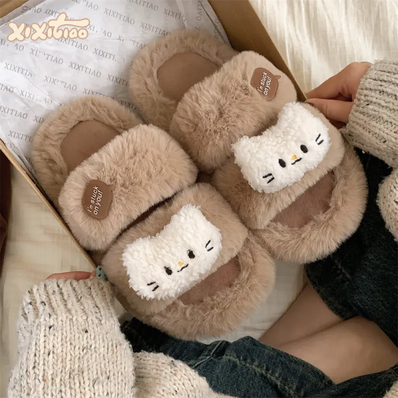 Thin Strips Cotton Slippers Women's, Brown-1