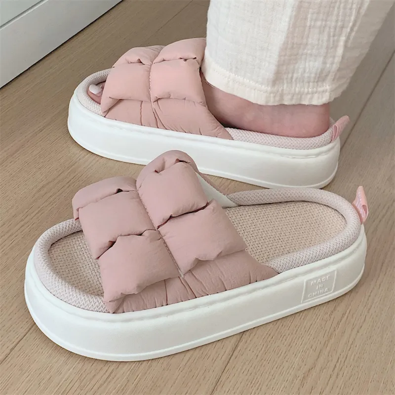 Thin Strips Linen Slippers Unisex, Milk White-9