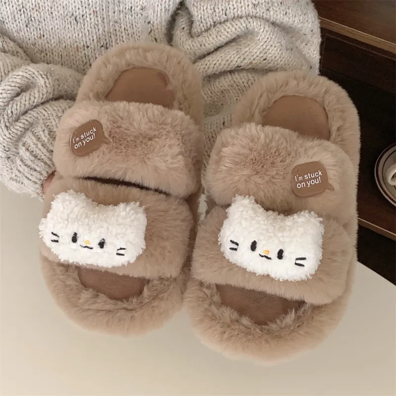 Thin Strips Cotton Slippers Women's, Brown-4