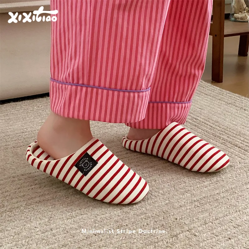 Thin Strips Indoor Slippers Unisex, Red-7