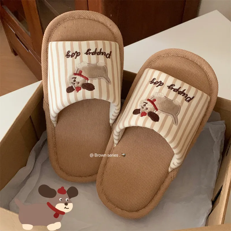 Thin Strips Cotton Linen Blend Slippers Khaki-6