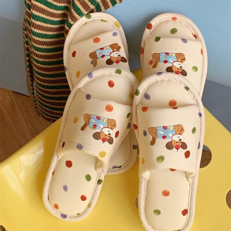 Thin Strips Cotton Linen Blend Slippers Women's, Cream Apricot-1