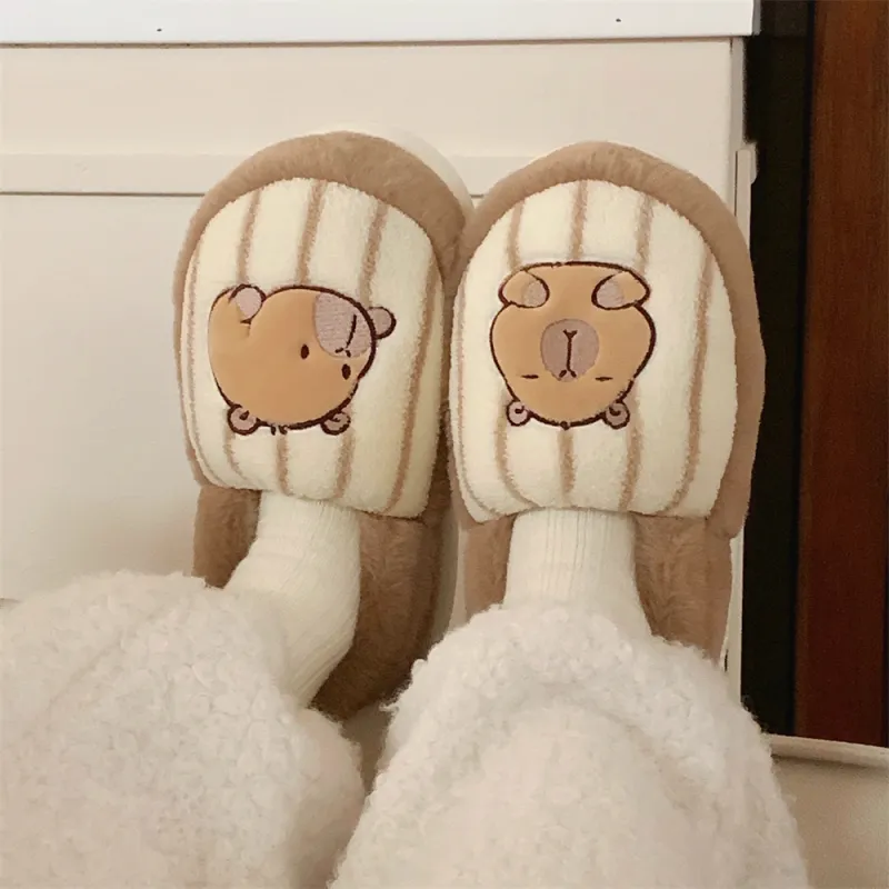Thin Strips Cotton Slippers Unisex, Light Brown-4