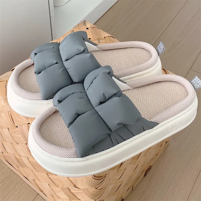 Thin Strips Linen Slippers Unisex, Milk White-15