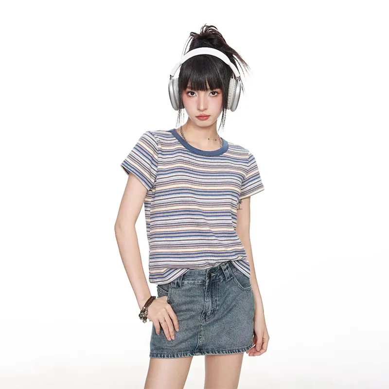 ZAO FU NIAO T Shirts Women's Blue Stripes-3