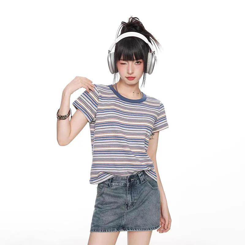 ZAO FU NIAO T Shirts Women's Blue Stripes-2