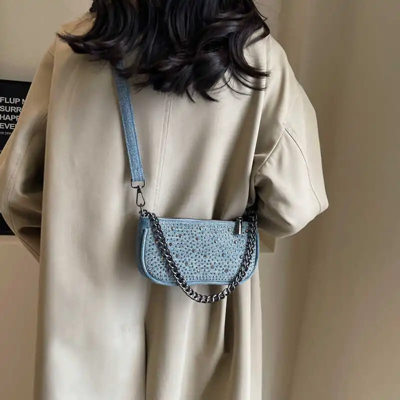 RKM Denim Chain Saddle Bag, Shoulder Bag, Crossbody Bag Unisex Blue/Light Blue-8