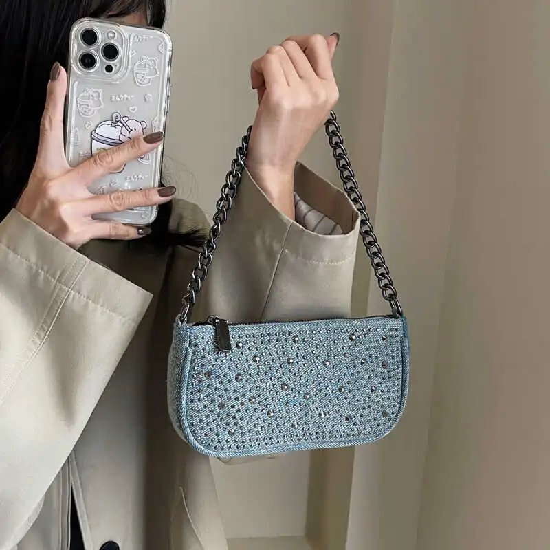 RKM Denim Chain Saddle Bag, Shoulder Bag, Crossbody Bag Unisex Blue/Light Blue-7