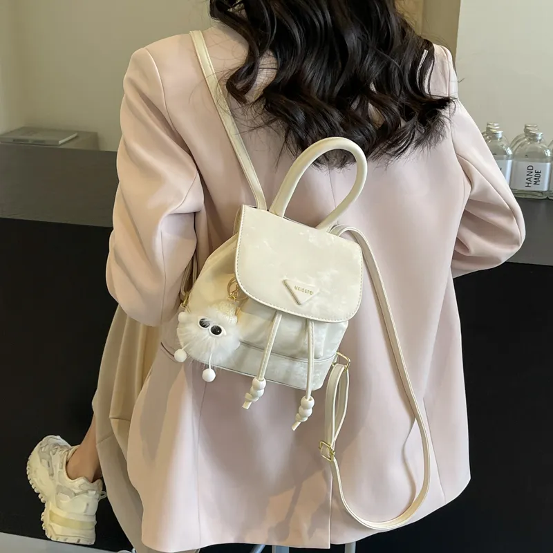 RKM PU Backpack Portable Bucket Bag Small Size Unisex Black/Khaki/Pink/Ecru-12