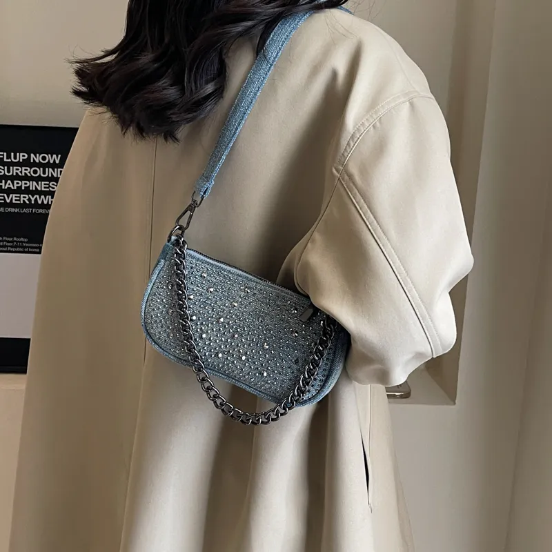 RKM Denim Chain Saddle Bag, Shoulder Bag, Crossbody Bag Unisex Blue/Light Blue-3