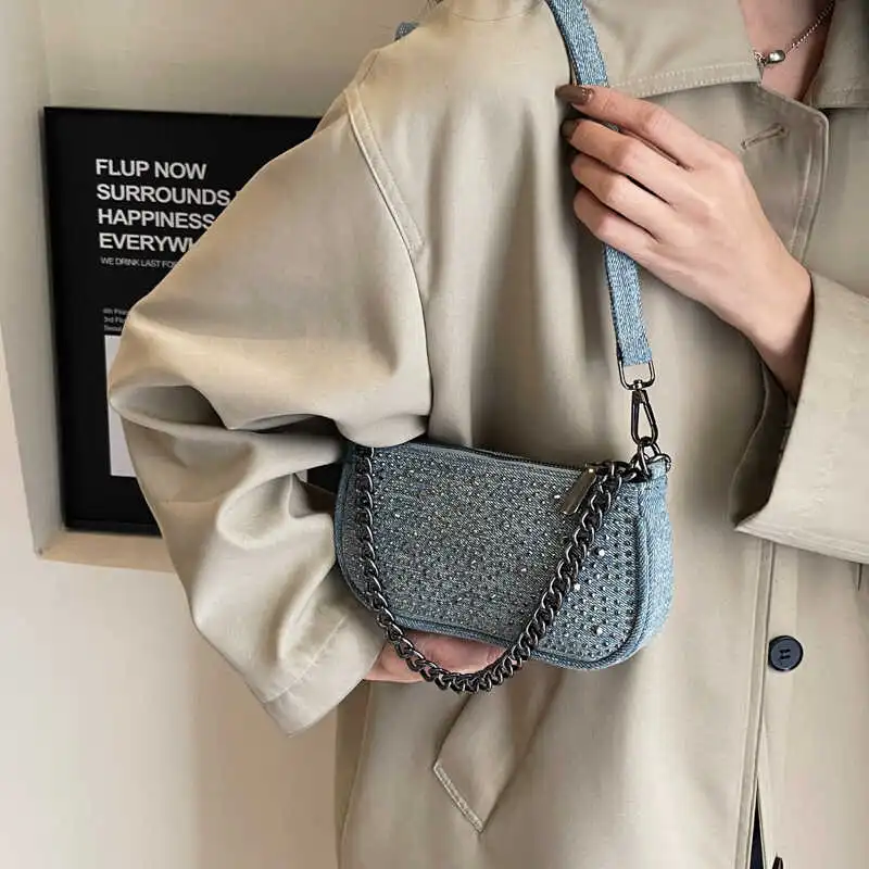 RKM Denim Chain Saddle Bag, Shoulder Bag, Crossbody Bag Unisex Blue/Light Blue-4