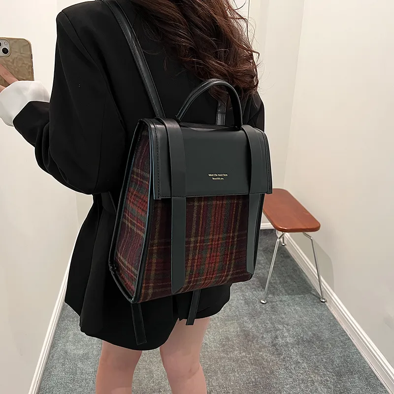 RKM PU Patch Woolen Backpack Regular Women's Black/Coffee-4
