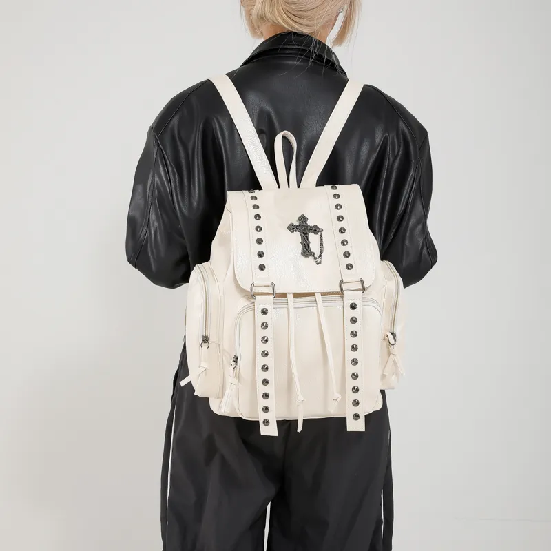 RKM PU Backpack Unisex Black/White/Rose Red/Orange-5