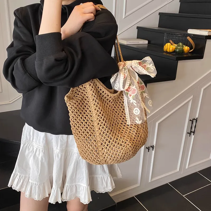 RKM Straw Woven Shoulder Bag Regular Women's Khaki/Beige-1