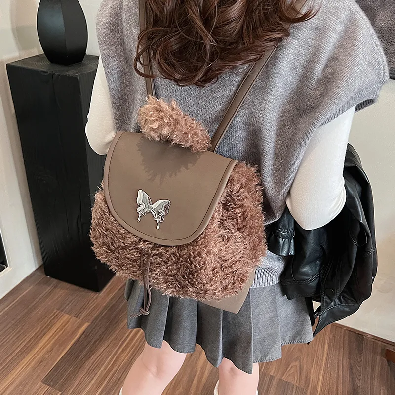 RKM PU Bonded Plush Backpack Women's Gray/Coffee/Ecru-3