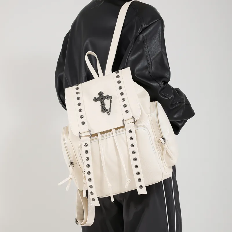 RKM PU Backpack Unisex Black/White/Rose Red/Orange-4