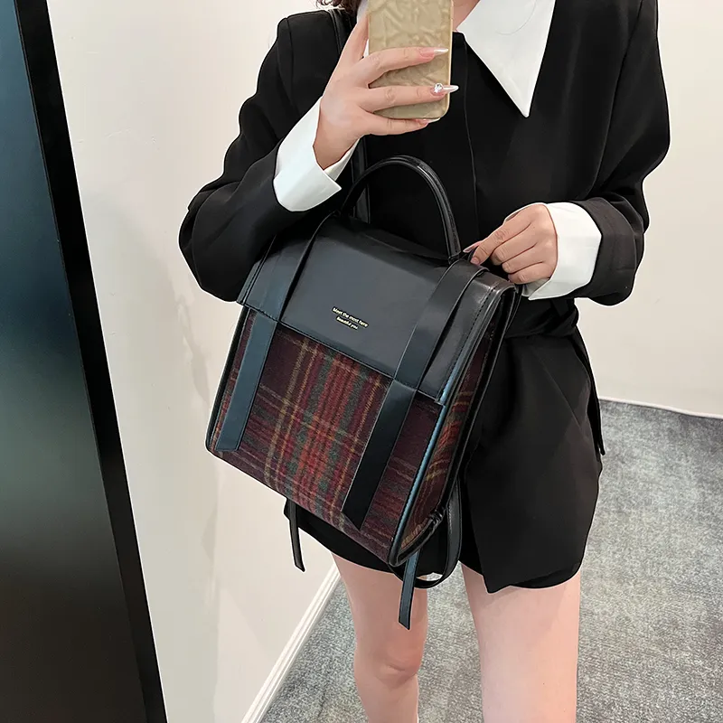 RKM PU Patch Woolen Backpack Regular Women's Black/Coffee-3