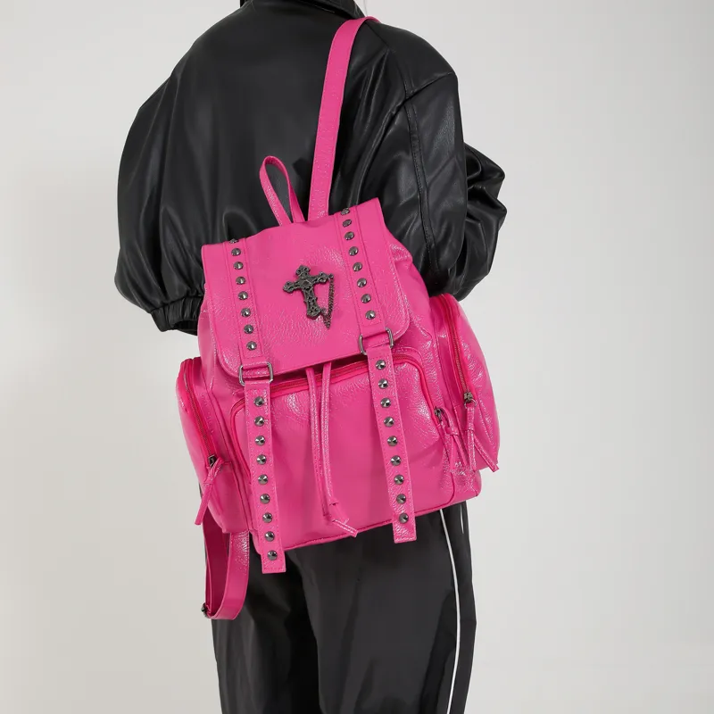RKM PU Backpack Unisex Black/White/Rose Red/Orange-10