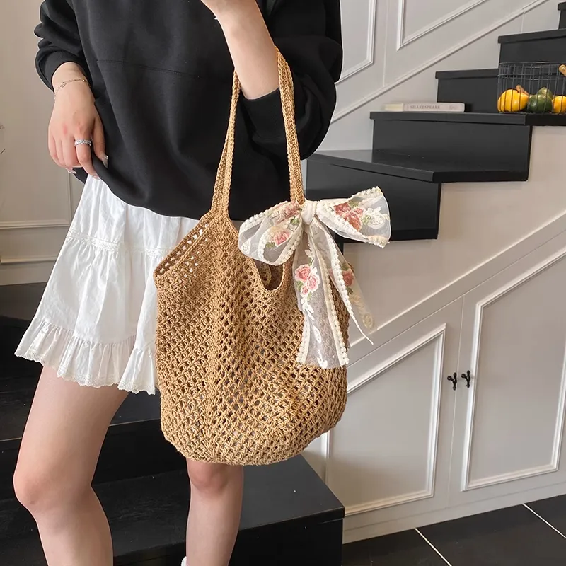 RKM Straw Woven Shoulder Bag Regular Women's Khaki/Beige-2