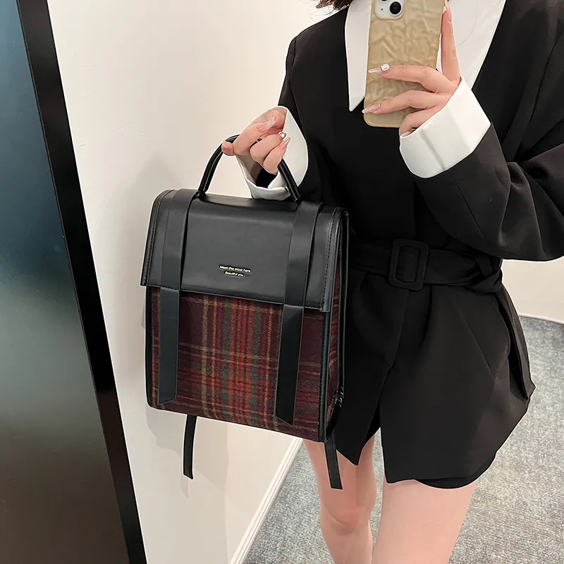 RKM PU Patch Woolen Backpack Regular Women's Black/Coffee-1
