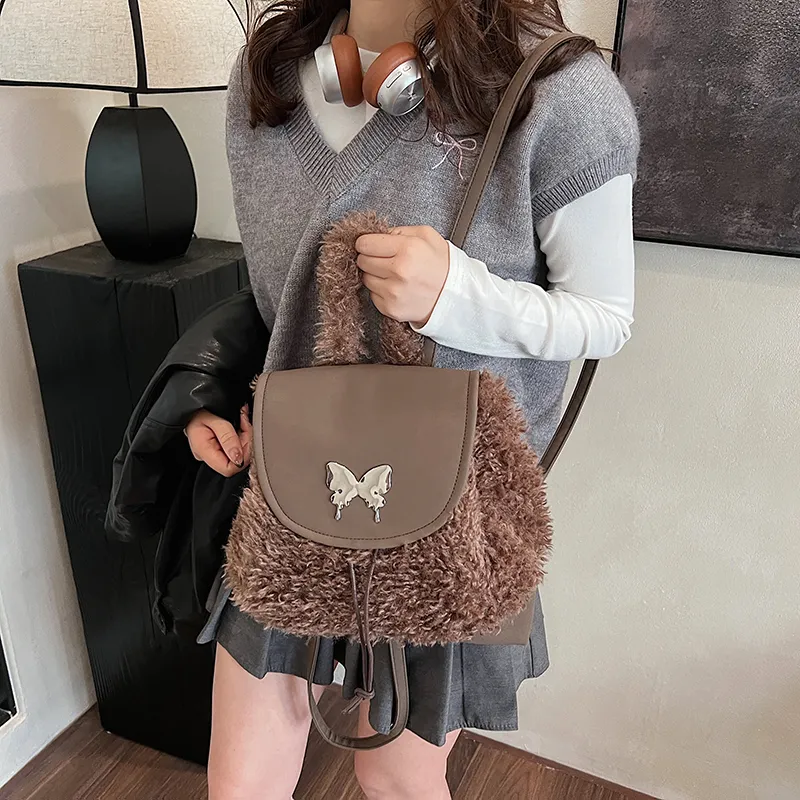 RKM PU Bonded Plush Backpack Women's Gray/Coffee/Ecru-7