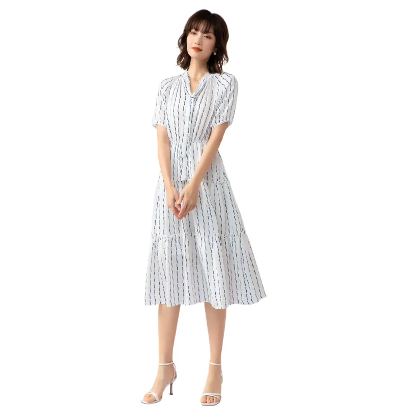 H YXIANG Short Sleeved Dresses Women's White Base Blue Black Short Stripes-3