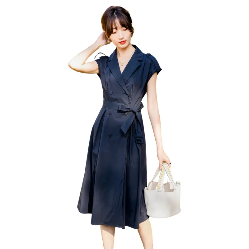H YXIANG Short Sleeved Dress Women's Navy Blue-3