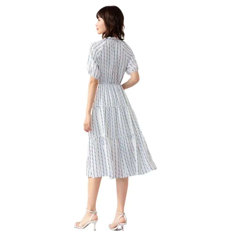 H YXIANG Short Sleeved Dresses Women's White Base Blue Black Short Stripes-4