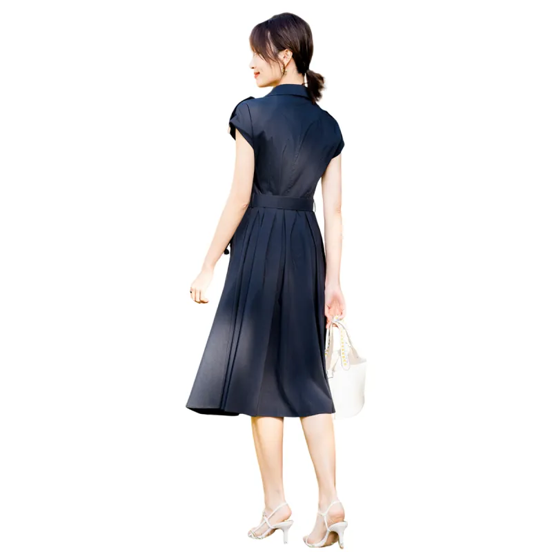 H YXIANG Short Sleeved Dress Women's Navy Blue-2