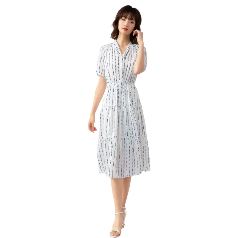 H YXIANG Short Sleeved Dresses Women's White Base Blue Black Short Stripes-2