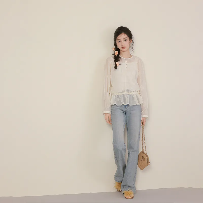 Miss Chipmunk Shirt Women's Embroidery Beige-4