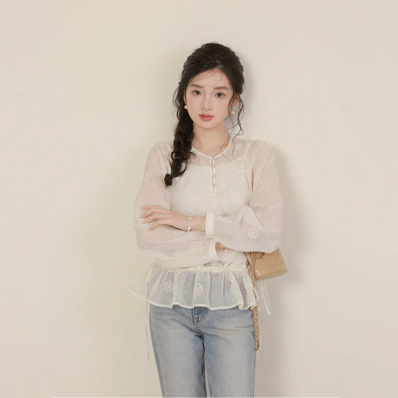 Miss Chipmunk Shirt Women's Embroidery Beige-2