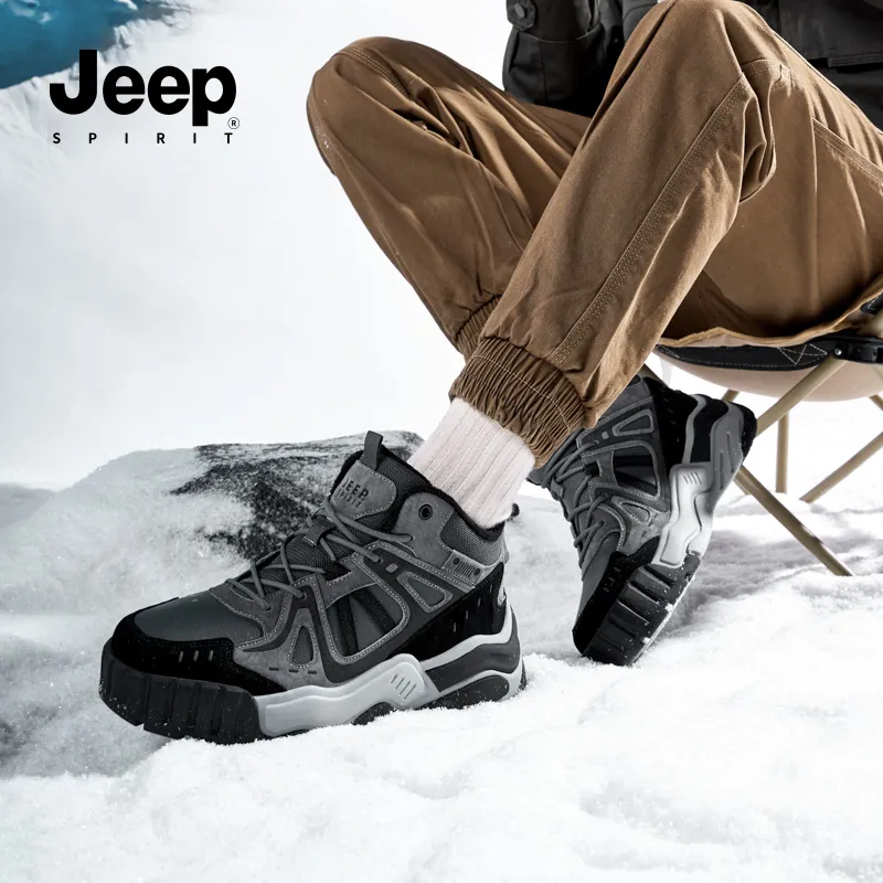 JEEP SPIRIT Warm Wear-Resistant Cushioning Height Increasing Slip-Resistant Short Snow Boots Men's Climbing Gray-4