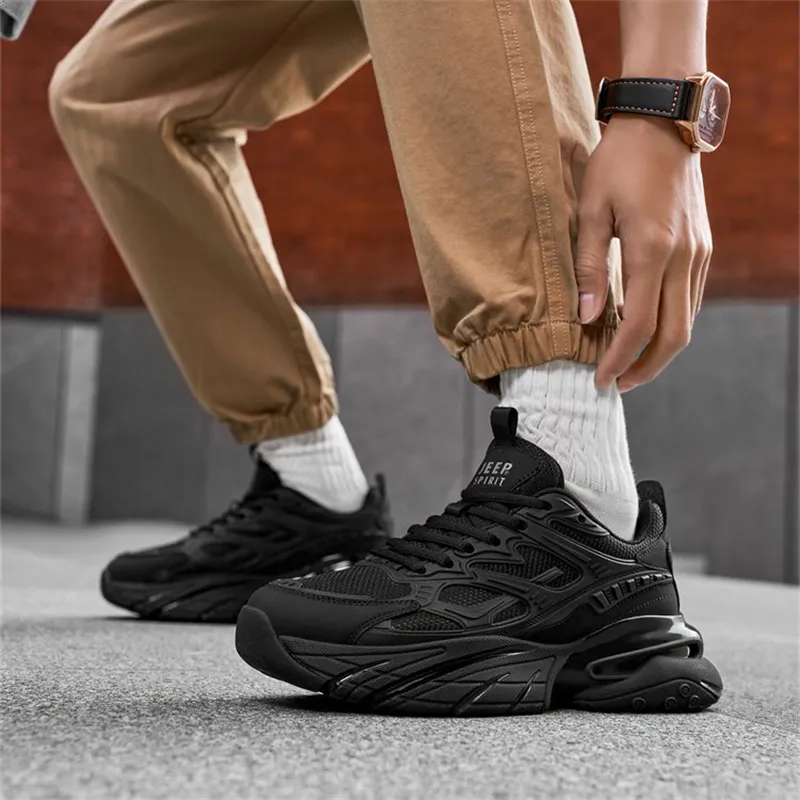 JEEP SPIRIT Cushioned Anti Slip Wear Resistant Lightweight Height Increasing Low Top Chunky Sneakers Men's Black-6