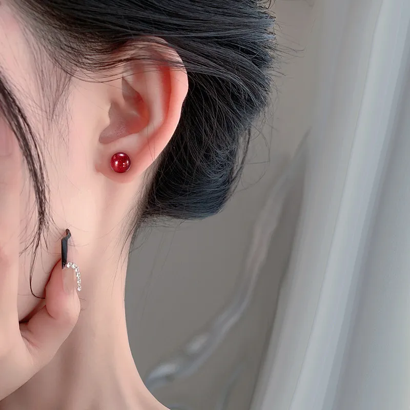 GIMK Reconstructed Cinnabar Jade Stud Earrings Women's-1