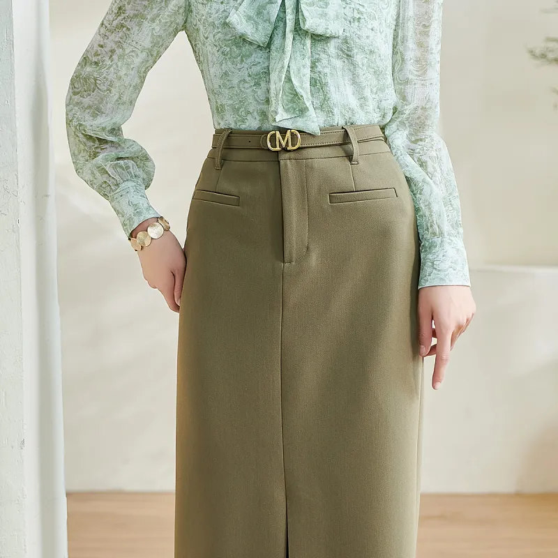 MISSSHINE Casual Long Skirts Women's Green Coffee-6